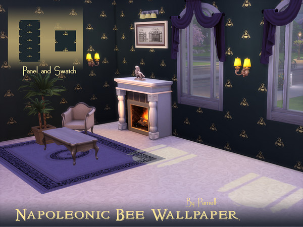 Sims 4 — Napoleonic Bee Wallpaper by pamelf — Black damask wallpaper with a gold embossed Napoleonic bee design. Found in