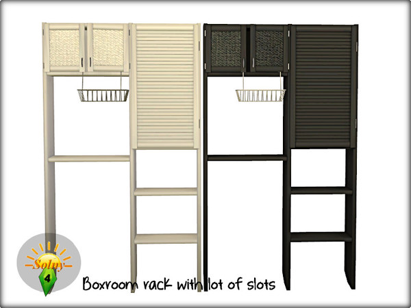 Sims 4 — Boxroom rack by Solny — Standing rack with lot of slots. Part of Boxroom set. Has 4 large/ 9 medium/ 36 small
