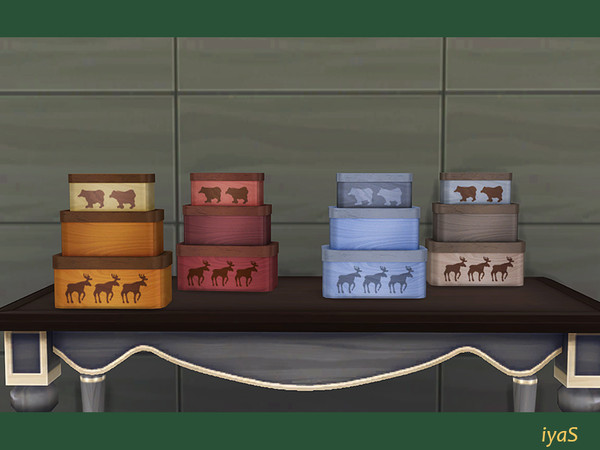 Sims 4 — Decorative Boxes by soloriya — Three wooden boxes with wild animals print. 4 color variations. Part of Clarissa