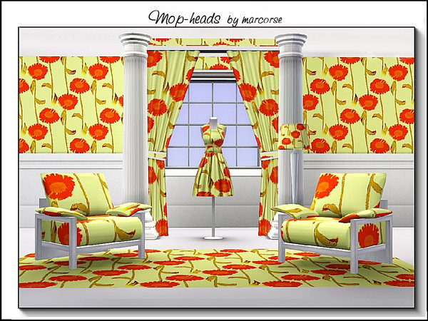 Sims 3 — Mopheads_marcorse by marcorse — Fabric pattern: red/orange mophead chrysanthemums on yellow.