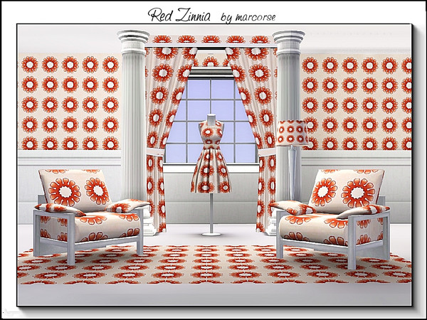 Sims 3 — Red Zinnia_marcorse by marcorse — Fabric pattern: orange and red zinnia flowers in a regular repeat design