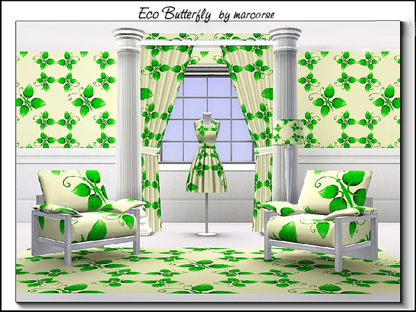 Sims 3 — Eco Butterfly_marcorse by marcorse — themed pattern: eco butterfly leaf forms in green on cream