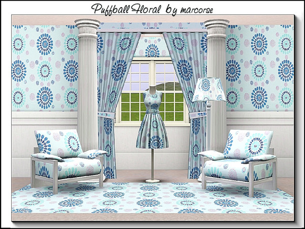 Sims 3 — Puffball Floral_marcorse by marcorse — Abstract pattern: puffball flower motifs and dots in a regular repeat