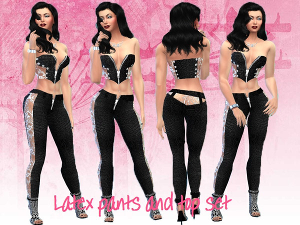 Sims 4 — Latex pants and top set by TrudieOpp — Set of black leather and white lace for any occasion