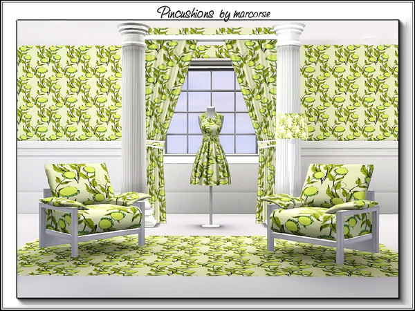 Sims 3 — Pincushions_marcorse by marcorse — Fabric pattern: yellow and green pincushion flowers and leaves on cream.