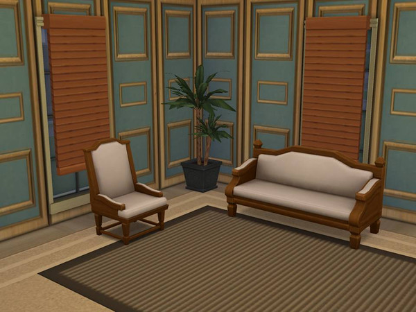 Sims 4 — Blue Fabric and Wood Wall by GiddySimLogic — Blue fabric wall overlayed with a rich brown wooden panel Found