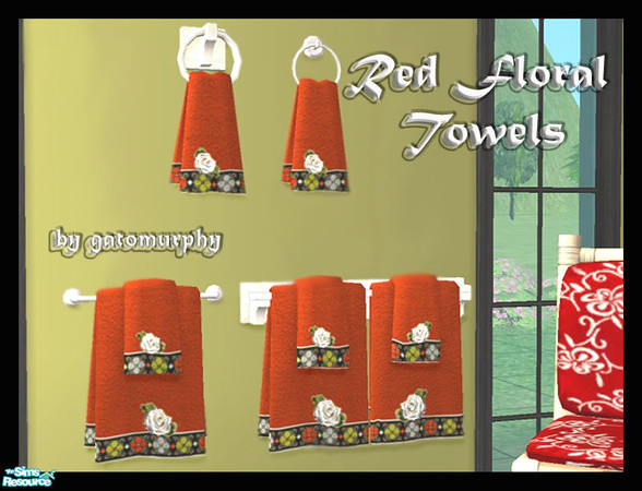 Sims 2 — Red Floral Towels by gatomurphy — A bit of retro fun for the bathroom or kitchen! This is part of one of 4 Maxis