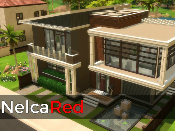 Sims 4 — Modern Basegame Mansion by NelcaRed — This house has 2 bedrooms and 2 bathrooms, it has 2 pools and a full set