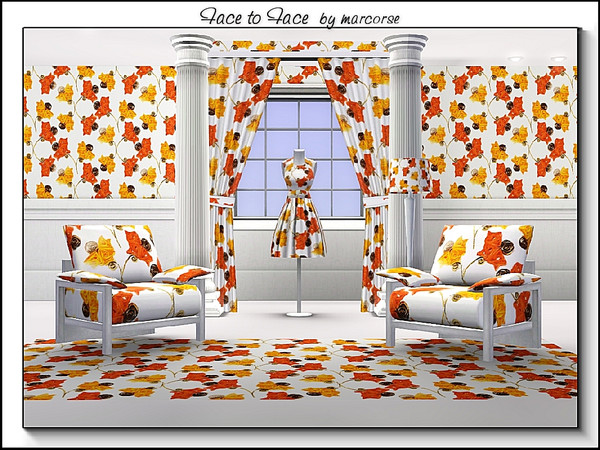 Sims 3 — Face to Face_marcorse by marcorse — Fabric pattern: pairs of stylised flowers in a face to face design in orange