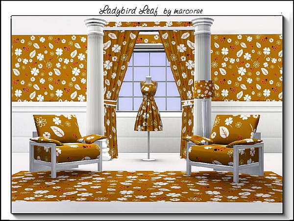 Sims 3 — Ladybird Leaf_marcorse by marcorse — Fabric pattern: ladybirds and various leaf shapes in red and cream on tan