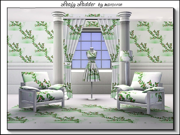 Sims 3 — Leafy Ladder_marcorse by marcorse — Fabric pattern: leafy branches with flowers in a ladder design on white