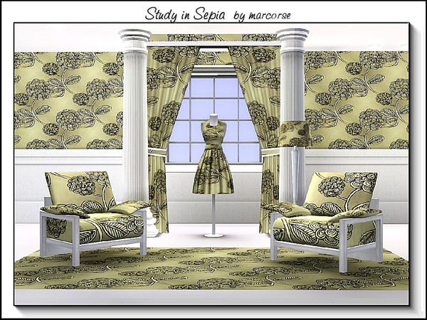 Sims 3 — Study in Sepia_marcorse by marcorse — Fabric pattern: stylised chrysanthemum design in sepia tones