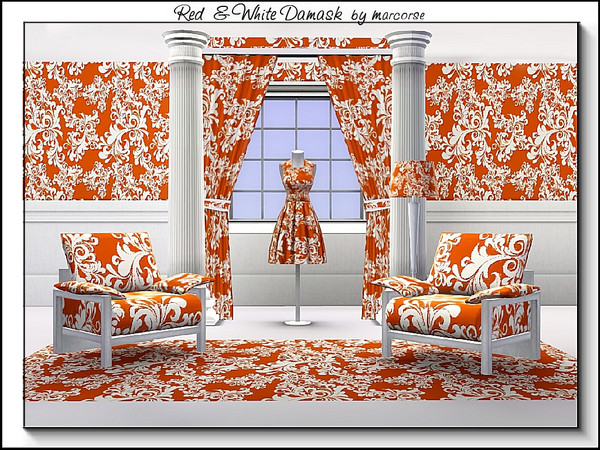 Sims 3 — Red and White Damask_marcorse by marcorse — Fabric pattern: white leaf damask on red.