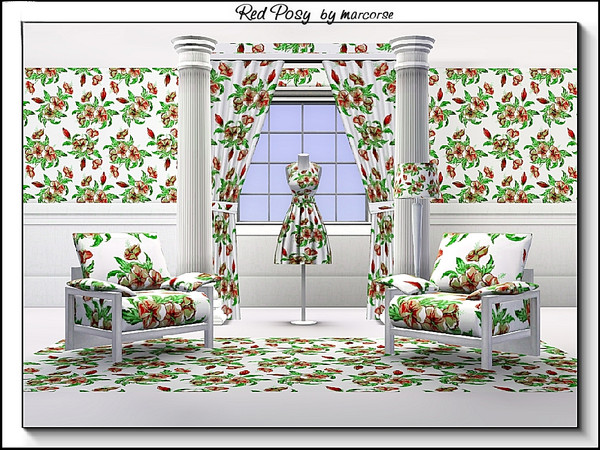 Sims 3 — Red Posy_marcorse by marcorse — Fabric pattern: red hibiscus posies on white