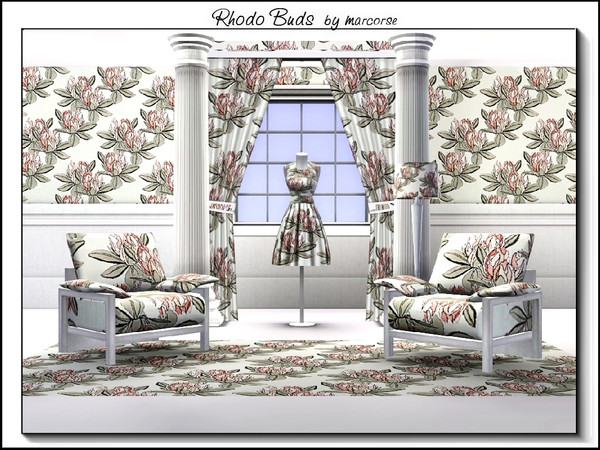 Sims 3 — Rhodo Buds_marcorse by marcorse — Fabric pattern: pink rhododendron buds on creamy background