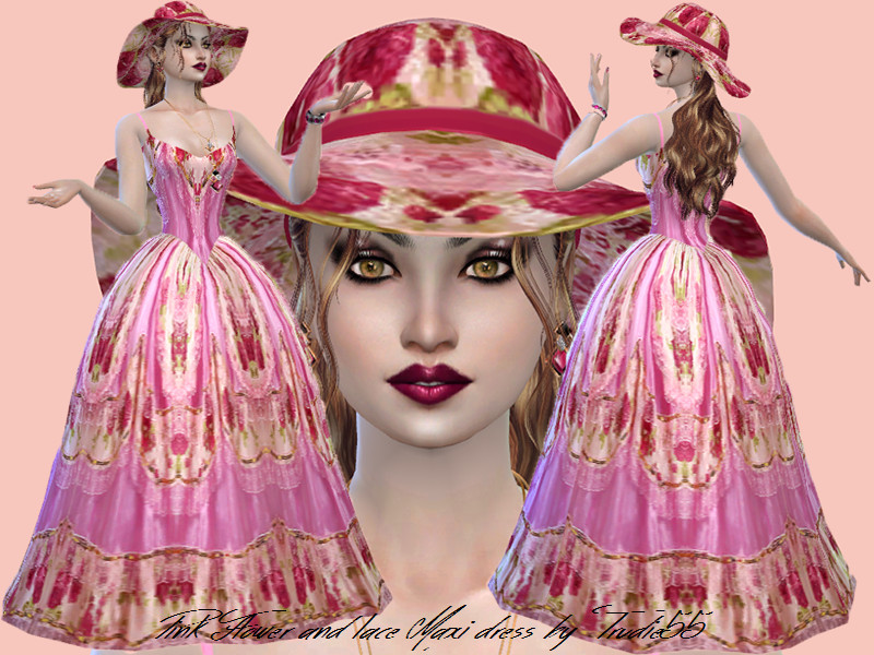 Sims 4 The Sims Resource | Pink flower and lace Maxi dress by TSR Creator