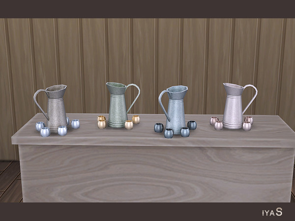 Sims 4 — Sunny Morning Jug with Cups by soloriya — Metal jug with five little cups. 4 color variations. Category: