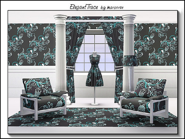 Sims 3 — Elegant Trace_marcorse by marcorse — Fabric pattern: elegant tracery design in aqua and white on grey