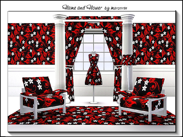 Sims 3 — Flame and Flower_marcorse by marcorse — Fabric pattern: stylised flames and white flower shapes on black