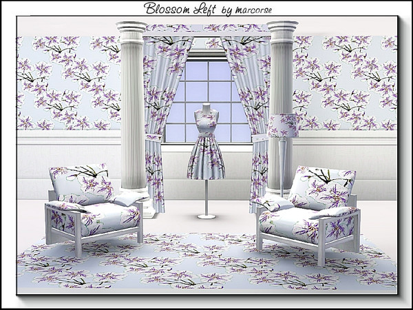 Sims 3 — Blossom Left_marcorse by marcorse — Fabric pattern blue and white bloosom with red accent, in a left leaning