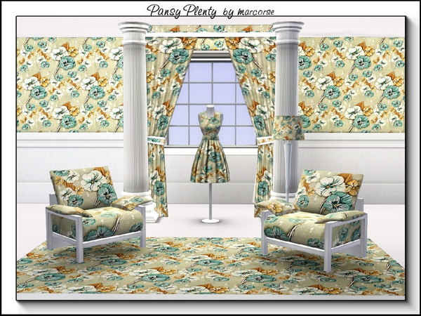 Sims 3 — Pansy Plednty_marcorse by marcorse — Fabric pattern: pansy faces in blue, brown and white in a random design