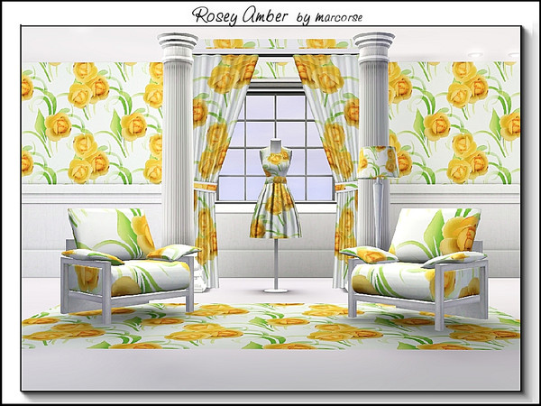 Sims 3 — Rosey Amber_marcorse by marcorse — Fabric pattern amber roses and green leaves on white.