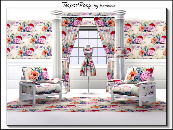 Sims 3 — Teapot Posy_marcorse by marcorse — Fabric pattern - small rose posy in a white teapot.