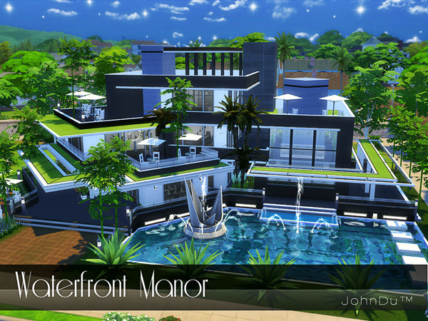 Sims 4 — Waterfront Manor by johnDu — The name of this mansion is Waterfront Manor. It is a Modern mixed cottage designed