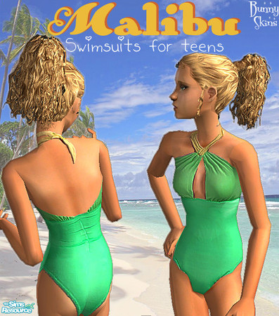 Sims 2 — Malibu Teen Swimsuits: Green & Gold by BunnyTSR — A stylish swimsuit for teen girls in deep shades of green,