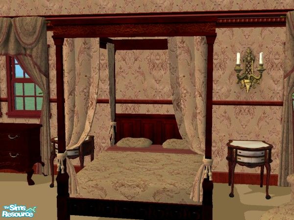 Sims 2 —  Victorian Bedroom - Bed by fizz bomb — a rich mahogany four poster bed with delicatly patterned dusky pink