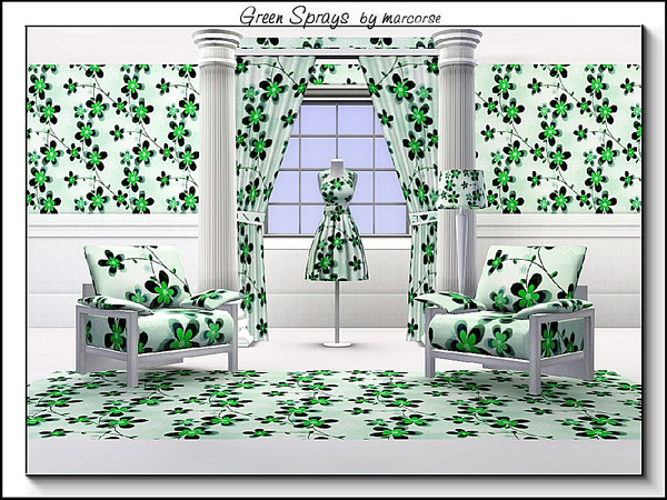 Sims 3 — Green Sprays_marcorse by marcorse — Fabric pattern: sprays of 5petal flowers in green and navy blue