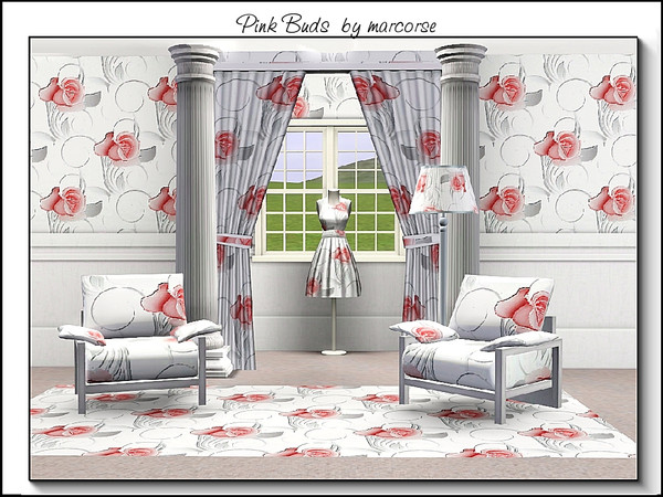 Sims 3 — Pink Buds_marcorse by marcorse — Fabric pattern: pink rose buds and grey accents on white.