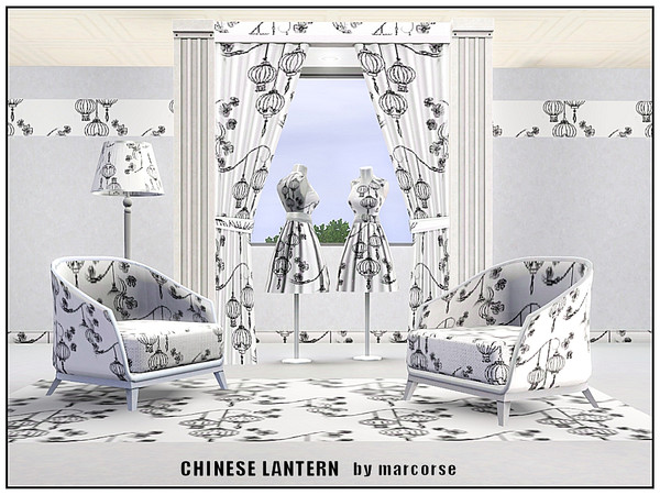 Sims 3 — Chinese Lantern_marcorse by marcorse — Fabric pattern: Chinese lanterns and floating flowers in black and white