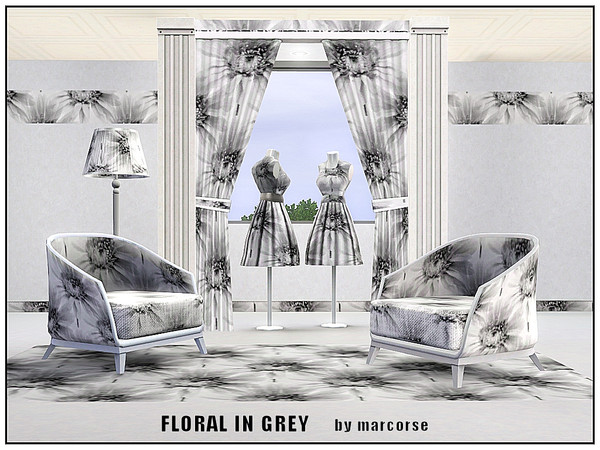 Sims 3 — Floral in Grey_marcorse by marcorse — Fabric pattern: monochrome floral design in black grey and white
