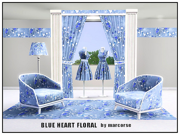 Sims 3 — Blue Heart Floral_marcorse by marcorse — Fabric pattern: blue heart flowers and butterflies with white accents