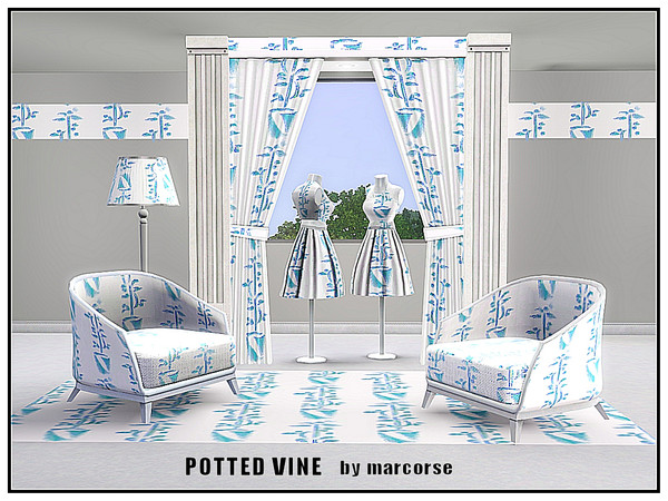 Sims 3 — Potted Vine_marcorse by marcorse — Themed pattern - potted vine in blue on white.