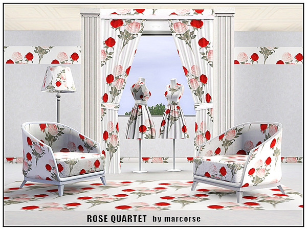 Sims 3 — Rose Quartet_marcorse by marcorse — Fabric pattern: four roses [pink and red] in a bouquet design on white.