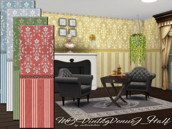 Sims 4 — MB-VintageVenueJ_Half by matomibotaki — MB-VintageVenueJ_Half mixed wallpaper with stripes,, floral decor and