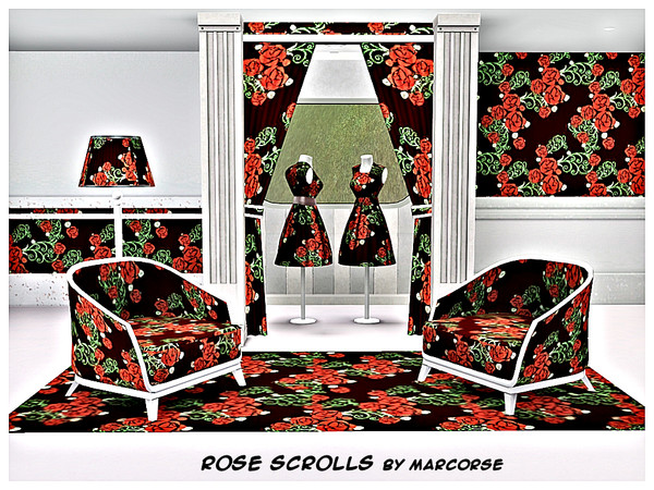 Sims 3 — Rose Scrolls_marcorse by marcorse — Fabric pattern: red roses and green scroll elements on black