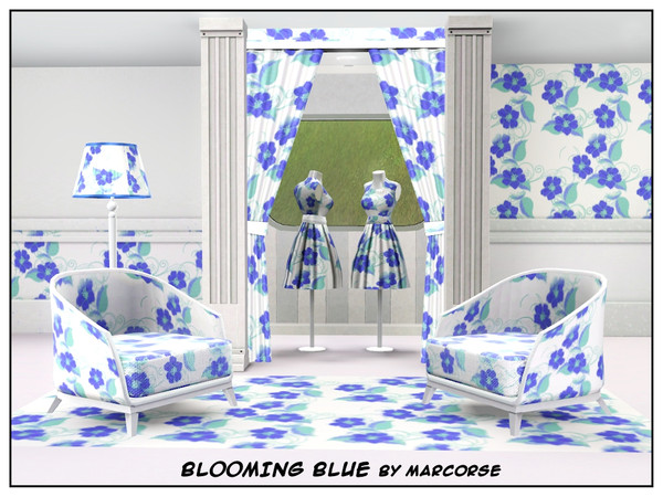 Sims 3 — Blooming Blue_marcorse by marcorse — Fabric pattern: blue nasturtium flowers and generic leaves on white