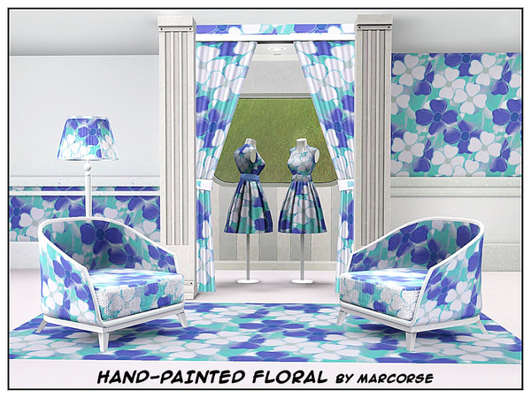 Sims 3 — Hand-painted Floral_marcorse by marcorse — Fabric pattern: hand painted floral in blue and white on aquamarine