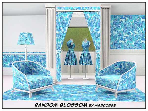 Sims 3 — Random Blossom_marcorse by marcorse — Fabric pattern - random repeat design of blue and green blossoms.