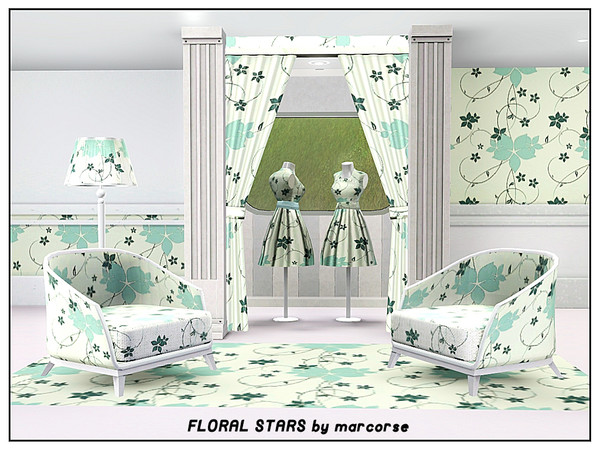 Sims 3 — Floral Stars_marcorse by marcorse — Fabric pattern: swirling floral stars design in pale aqua and sage green