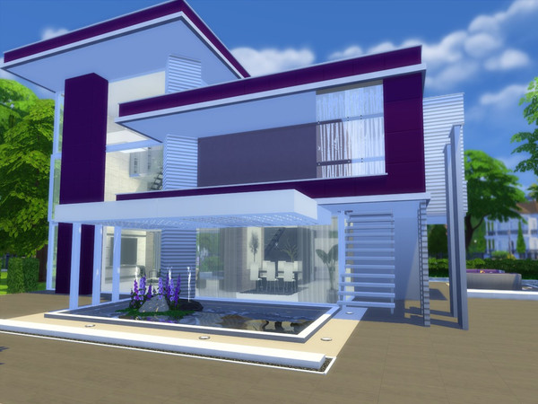Sims 4 — Modern Naia by Suzz86 — Modern Home featuring open kitchen,dining area,and livingroom with fireplace. 2 bedroom,