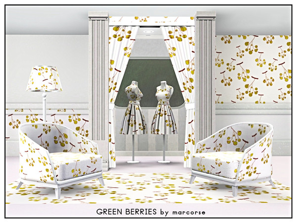 Sims 3 — Green Berries_marcorse by marcorse — Fabric pattern: bunches of green berries in a floating design on white