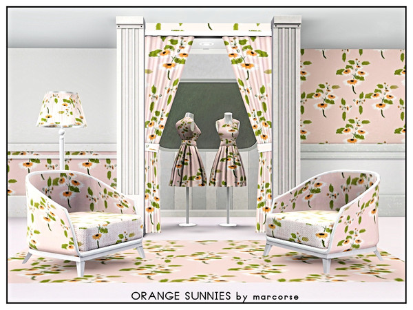 Sims 3 — Orange Sunnies_marcorse by marcorse — Fabric pattern - orange and white sunflowers and green leaves in an
