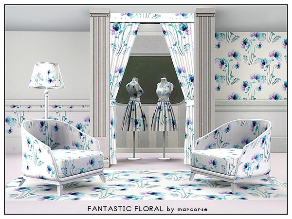 Sims 3 — Floral Fantastic_marcorse by marcorse — Fabric pattern: fantasy flowers in aqua and purple with fern fronds