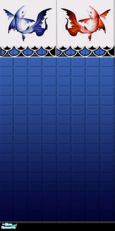 Sims 2 — Blue Dancing Koi Tile Wall by ToreySim — Blue and Red Koi pose over waves atop an ocean of deep blue tile.
