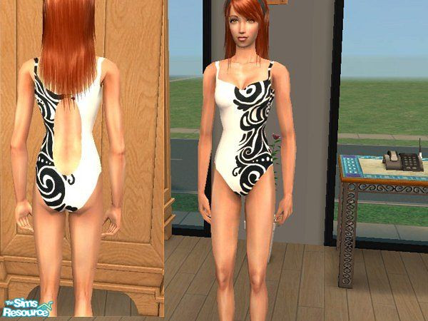 Sims 2 — Black and White Splash Swim  by LadyDeluxe — Beautifully made swimsuit with an open back and an interesting