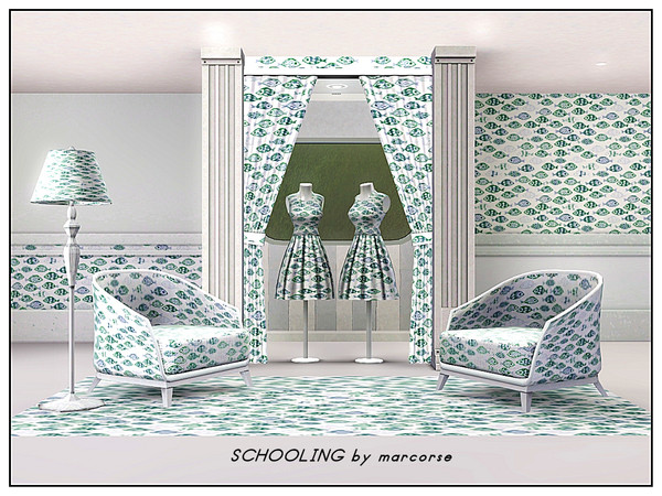 Sims 3 — Schooling_marcorse by marcorse — Themed pattern: school of little fish in blue'green on white
